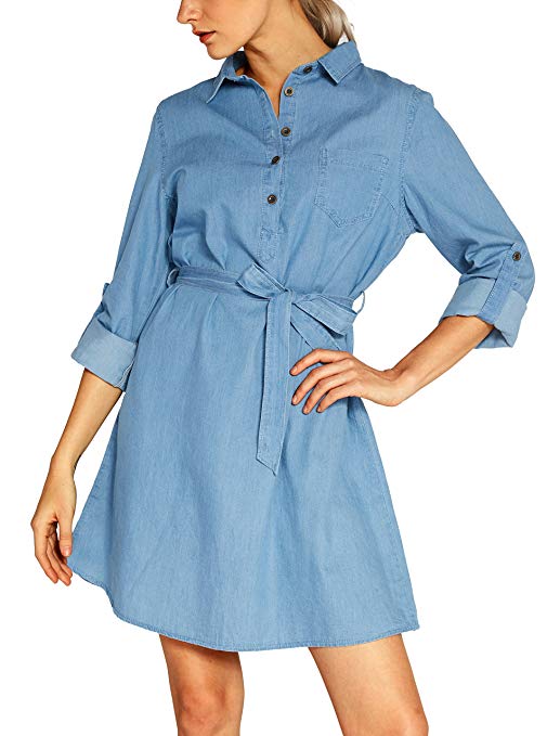 Urban CoCo Women's Tie-Belt Shirtdress Denim Blouse Dress