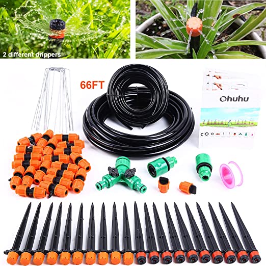 Ohuhu Garden Drip Irrigation Kit, Automatic Drip Irrigation Set Micro Irrigation Systsm for Lawn, Greenhouse, Flower Bed, Patio, Plants Watering Adjustable Drip Kit 1/4" & 2/5" Distribution Tubing