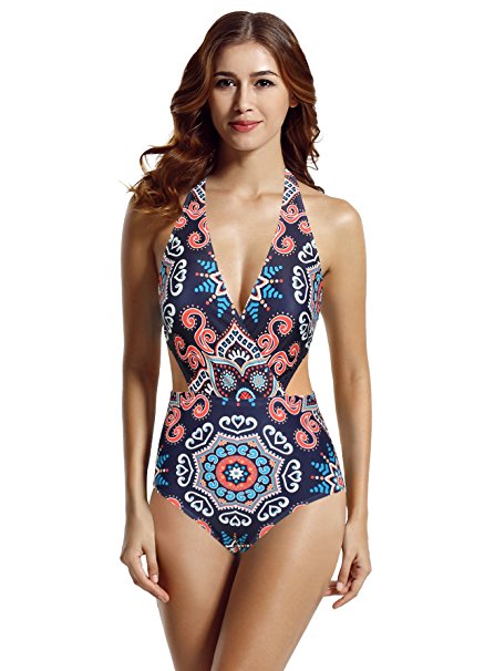 zeraca Women's Surplice Neckline High Waisted Halter One Piece Monokini Swimsuit