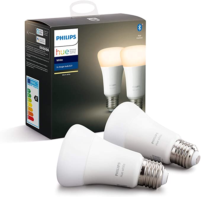 Philips Hue White Smart Bulb Twin Pack LED [E27 Edison Screw] with Bluetooth. Works with Alexa and Google Assistant, – A Certified for Humans Device.