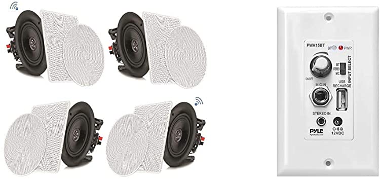 Pyle 8” 4 Bluetooth Flush Mount - in-Wall in-Ceiling 2-Way Speaker - PDICBT286 & Wireless BT Receiver Wall Mount - 100W in-Wall Audio Control Receiver w/Built-in Amplifier, White - Pyle PWA15BT