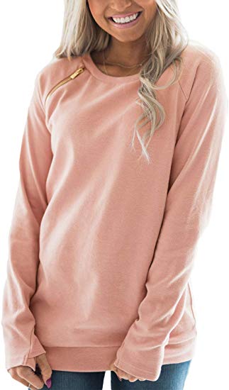 FARYSAYS Women's Casual Long Sleeve Round Neck Side Zip Pullover Sweatshirt Tunic Tops