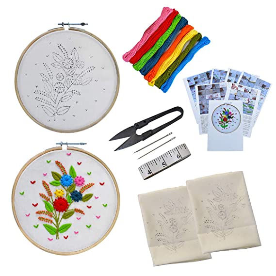 Embroiderymaterial Beginners Kit Hand Embroidery Tutorial DIY Kit with 6 Different Types of Embroidery Stitches (7 Items)
