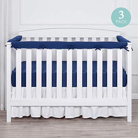 TILLYOU 3-Piece Padded Baby Crib Rail Cover Protector Set from Chewing, Safe Teething Guard Wrap for Standard Cribs, 100% Silky Soft Microfiber Polyester, Fits Side and Front Rails, Navy