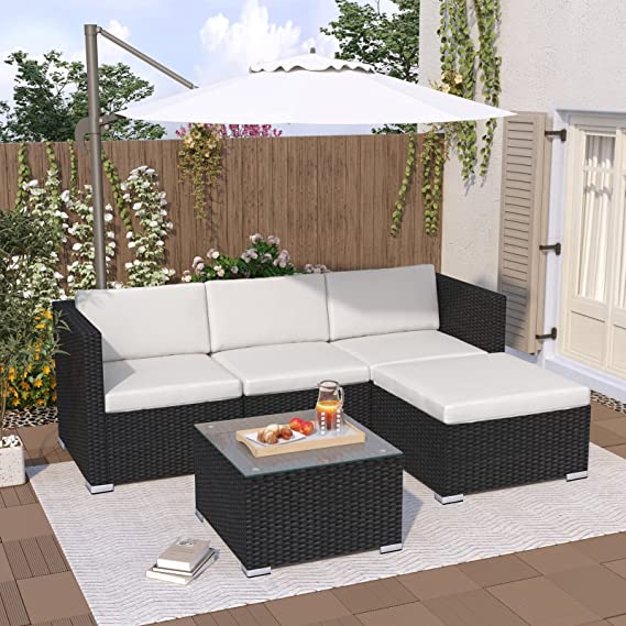 mcc direct 5pcs Rattan Garden Outdoor Furniture Patio Sofa Set with Glass Coffee Table Outdoor Cushions for Garden or Conservatory Rupert (Black)