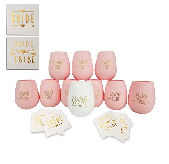 Bride Tribe Bachelorette Party Silicone Wine Glass - Set of 10 Pink and Gold Bundle with Temporary Tattoos - Bridesmaid Wedding Gift Party Favors - Bachelorette Party Supplies …