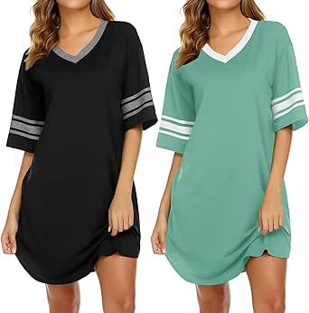 Ekouaer Nightgowns for Women 2 Pack Sleepshirts Short Sleeve Nightshirt V Neck Sleepwear Casual Pajama Dress