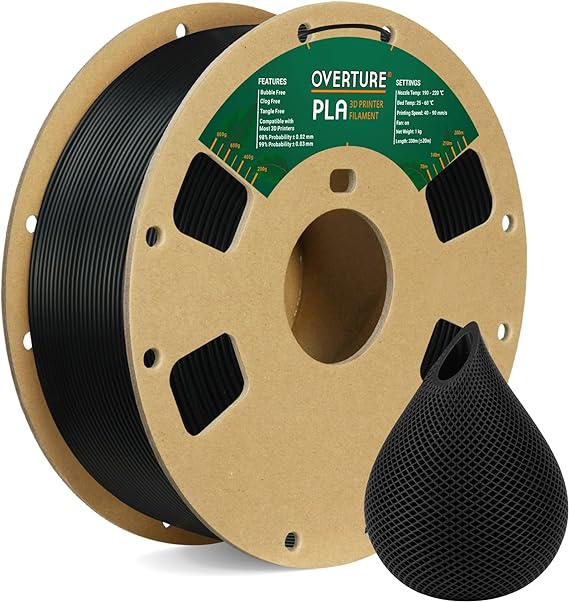 OVERTURE PLA Filament, Filament PLA 1.75mm,1kg Spool (2.2lbs), Dimensional Accuracy  /-0.03mm, Fit Most FDM Printer(Black)