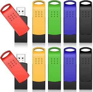 KEXIN 16GB Flash Drive 10 Pack USB 2.0 Thumb Drives Swivel USB Memory Stick Bulk USB Drive with LED Light Stylish Colorful Pen Drive for Photo Video File Music – Green, Red, Black, Blue, Yellow,16 G