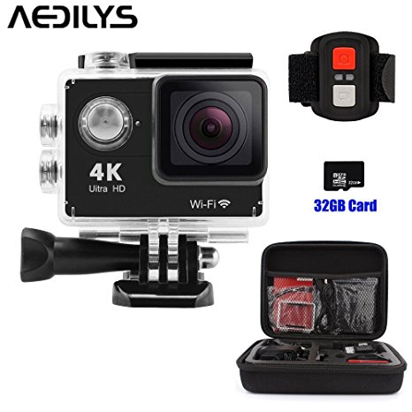 Action Camera , AEDILYS 4K HD Action Camera ,Wrist 2.4G Wireless RF Remote Control , WiFi 2inch 170° Sports Video, lens Helmet go waterproof pro camera  32GB Card Camera Bag