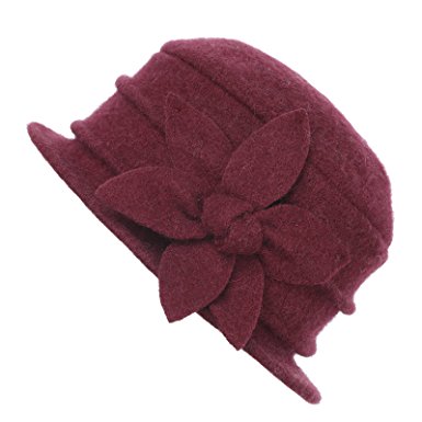 Dantiya Womens Winter Warm Wool Cloche Bucket Hat Slouch Wrinkled Beanie Cap with Flower