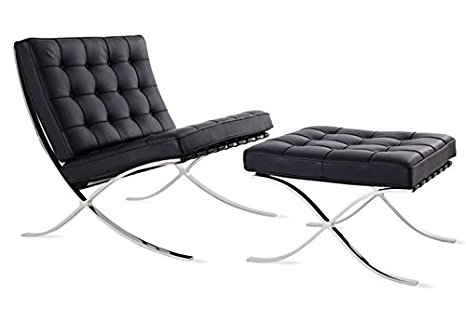 Mid Century Modern Classic Barcelona Style Replica Premium Lounge Chair & Ottoman With Real Black Leather and Stainless Steel Frame