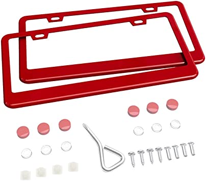 Ohuhu Matte Aluminum License Plate Frame with Red Screw Caps, 2Pcs 2 Holes Red Licenses Plates Frames, Car Licenses Plate Covers Holders for US Vehicles