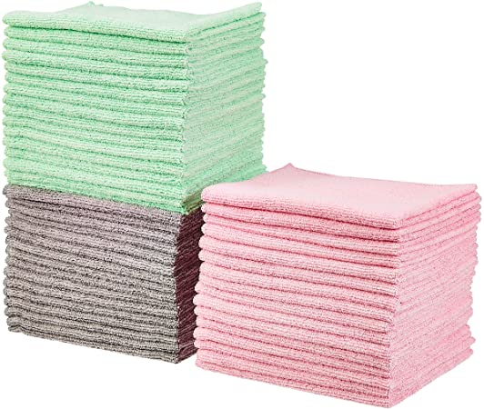 AmazonBasics Green, Gray and Pink Microfiber Cleaning Cloth, 48-Pack
