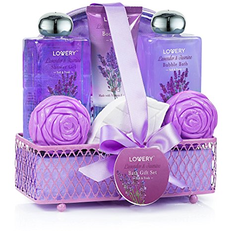 Home Spa Gift Basket, Luxurious 8 Piece Bath & Body Set For Men/Women, Lavender & Jasmine Scent - Contains Shower Gel, Bubble Bath, Body Lotion, 2 Rose Soaps, Bath Bomb, Cosmetic Bag & Wired Basket