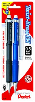 Pentel Twist-Erase III Automatic Pencil with 2 Eraser Refills, 0.5mm, Assorted Barrels, 2 Pack (QE515BP2-K6)