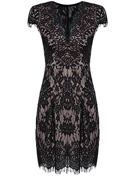 ROMWE Women's Gorgeous V neck A Line Sexy Short Cap Sleeve Lace Dress