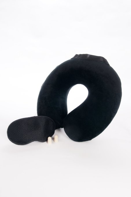 Sleepmax® Advanced Ultra Soft Memory Foam Travel Neck Pillow Kit w/ Eye Mask and Ear Plugs