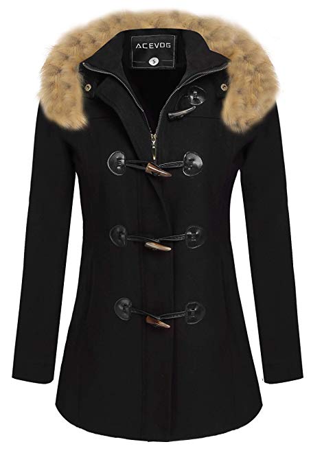 ACEVOG Women's Wool Coat Fur Trim Hooded Parka Jacket Coat Outwear