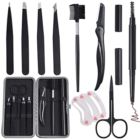 Tweezers Set 11 In 1 Eyebrow Best Precision Tweezer,Daily Beauty Tools For Hair Removal,Including Wunderbrow Razor,Scissors,Brush, Eyebrow Pencil,Professional Eyebrow Knife And Travel Case EMEOW-Black