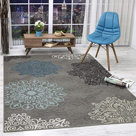 Antep Rugs Alfombras Modern Floral 8x10 Non-Skid (Non-Slip) Low Profile Pile Rubber Backing Indoor Area Rugs (Gray, 8' x 10')