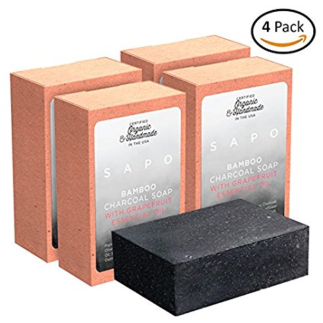 [USA] SAPO Organic Bamboo Charcoal Soap Bar [4 Single Packs] - 100% Natural US Handmade - Helps with Acne, Psoriasis, Eczema - Coconut Oil, Oatmeal, Shea Butter Cleansing Bars for Face and Body Wash