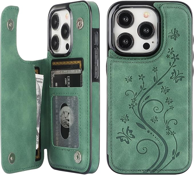 Vaburs Compatible with iPhone 15 Pro Case Wallet with Card Holder,Embossed Butterfly Pattern PU Leather Double Buttons Flip Protective Shockproof Cover for Magnetic Car Mount 6.1 Inch (Dark Green)
