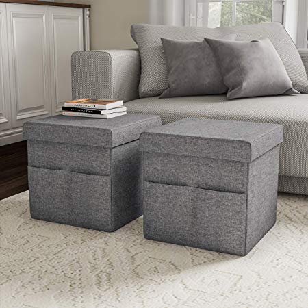 Lavish Home 80-FOTT-1 Foldable Storage Cube Ottoman with Pockets – Multipurpose Footrest Organizer for Bedroom, Living Room, Dorm or RV (Pair, Charcoal Gray),