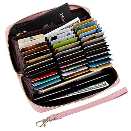 Women's RFID Blocking 36 Slots Card Holder Long Leather Wristlet Travel Checkbook Wallet