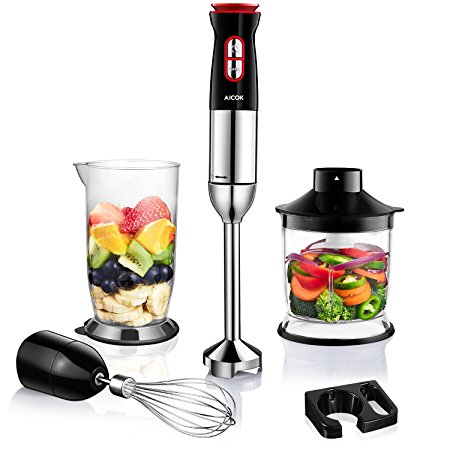 Aicok Hand Blender 4-in-1 Immersion Blender 800W Powerful Stick Blender with Smart 12 Speed Control 2 Turbo Settings, 700ml BPA Free Beaker, 500ml Food Chopper and Whisk Attachments, Stainless Steel