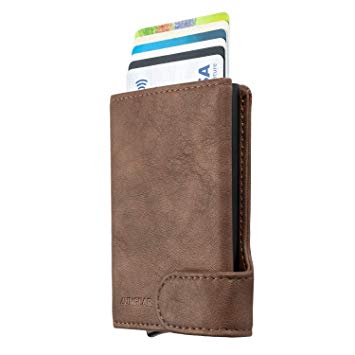 LUNGEAR Credit Card Holder RFID Blocking Leather Pop Up Card Case with Banknote & ID Window Slim Bifold Men Wallet Holds 4-6 Cards & Cash - Mocha