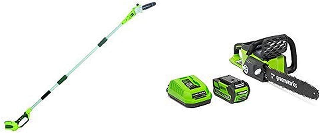 Greenworks 40V 8-Inch Cordless Pole Saw, Battery and Charger Not Included, 20302 & 40V 16-Inch Cordless Chainsaw, 4AH Battery and a Charger Included