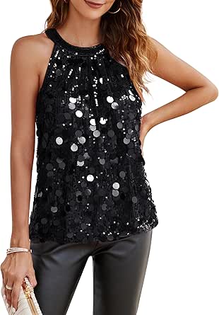 GRACE KARIN Halter Sequin Tank Tops for Women Sleeveless Sparkly Glitter Club Outfits Ruched Flowy Shiny Party Concert Shirt