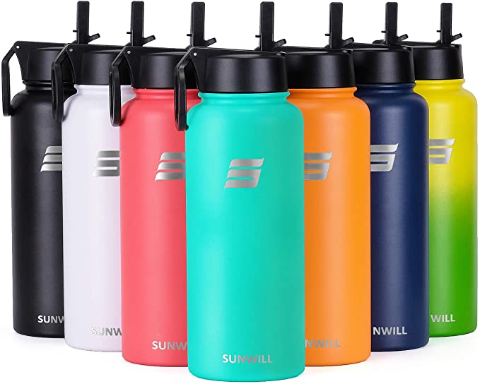 SUNWILL 32oz Water Bottle with Straw Lid Insulated Stainless Steel Reusable Thermo Sports Bottle Big Flask, Wide Mouth and Leak Proof, Powder Coated Teal