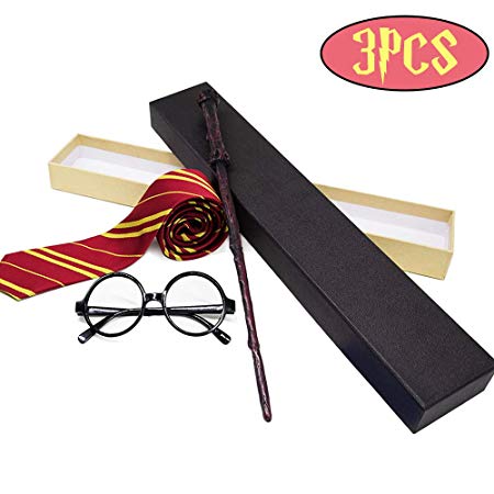 TROPRO Halloween Wizard Harry Wand Set with Striped Tie,Novelty Glasses Harry Costume Dress Up Wizard Accessories for Halloween,Cosplay,Christmas,Birthday Party Wizard Set for Kids Teenager
