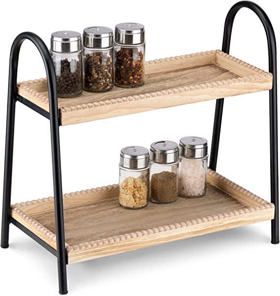 Navaris 2 Tier Countertop Organiser - Bathroom Kitchen Counter Shelf Rack Caddy Tray for Storage - Small Wood Two Tiered Organization Shelves