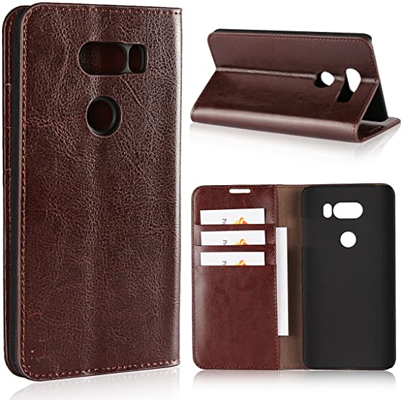 iCoverCase Compatible with LG V30 Case, Genuine Leather Wallet Case [Slim Fit] Folio Book Design with Stand and Card Slots Flip Case Cover (Brown)