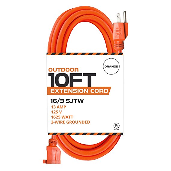 10 Ft Orange Extension Cord - 16/3 SJTW Heavy Duty Outdoor Extension Cable with 3 Prong Grounded Plug for Safety - Great for Garden & Major Appliances