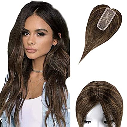 Great Deals~LaaVoo Human Hair Topper For Women 8 Inch Clip In Real Toupee Human Hair Extensions Hairpiece Mono Base Size 2x6" Straight Hair Crown Darkest Brown Mixed Medium Brown fot Top Loss