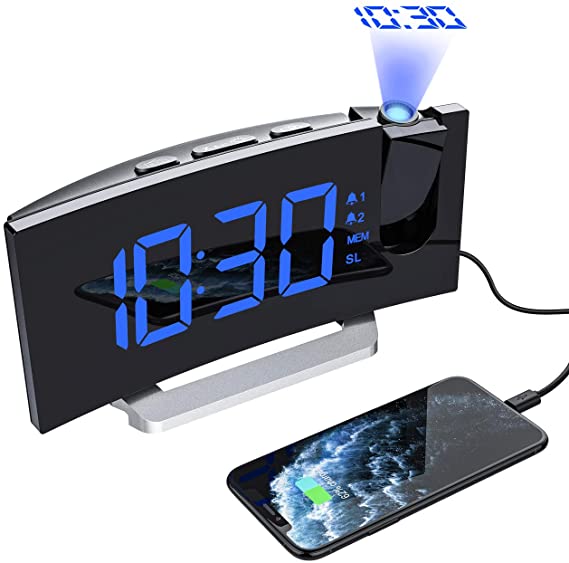 PICTEK Projection Alarm Clock, Digital Alarm Clock Radio with USB Charger, 5'' Large Curved LED Display, 6 Dimmer, Dual Alarm with 4 Alarm Sounds, Snooze, Led Bedroom Alarm Clock for Heavy Sleeper