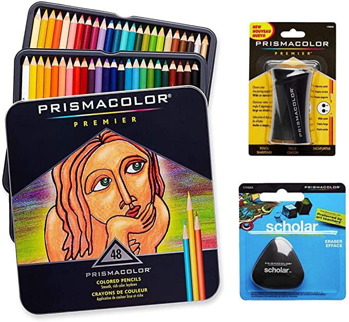 Prismacolor Quality Art Set - Premier Colored Pencils 48 Pack, Premier Pencil Sharpener 1 Pack and Latex-Free Scholar Eraser 1 Pack