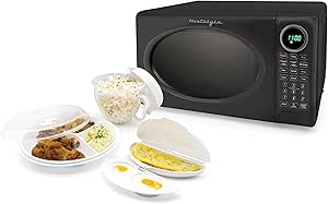 Nostalgia Modern Retro Countertop Microwave Oven - 700-Watt - 0.7 cu ft - Retro Microwave and Accessory Bundle with Popcorn Popper, Egg Poacher / Omelet Cooker, and Divided Plate with Cover - Black