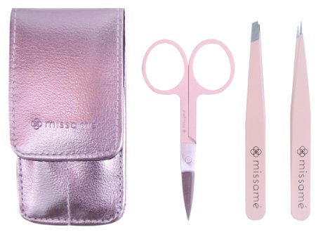Tweezers and Scissors Set for Eyebrows Shaping, Stainless Steel Precision Slant and Pointed Tips, Great for Ingrown Hair Removal, Curved Trimmer to Best Shape Brows, 3pcs Kit Comes with Pink Case