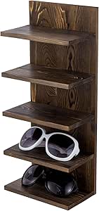 MyGift 5 Tier Rustic Burnt Solid Wood Sunglasses Holder Rack, Wall Mounted Eye Glasses Shelf or Tabletop Display Stand, Retail Eyewear Showcase Storage Organizer