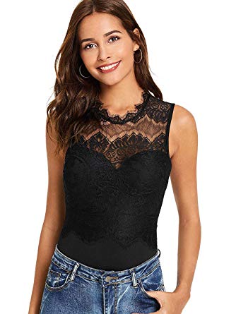 DIDK Women's Sheer Floral Lace Bow Knot Back Bodysuit