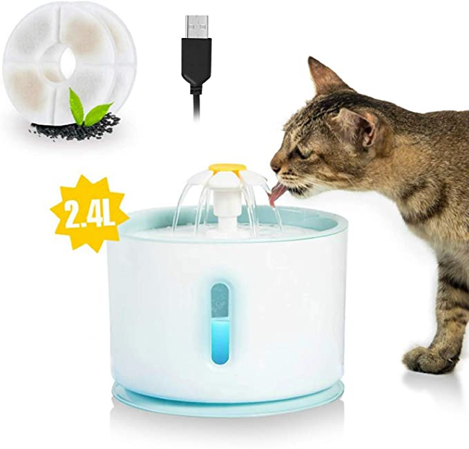 Udream Pet Water Fountain with Water Level Window 2.4L Ultra Silent Cat Fountain with LED Night vision Waterfall Flower Style Fountain, 3 Modes Drinking Fountain, with 2 Carbon Filter (Blue)