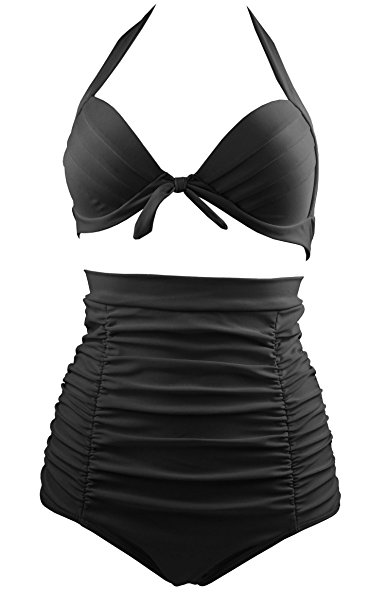 COCOSHIP Solid Black Elegant Vintage High Waisted Bikini Swimsuits Swimwear(FBA)