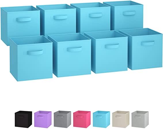 Royexe Storage Bins - Set of 8 - Storage Cubes | Foldable Fabric Cube Baskets Features Dual Handles. Cube Storage Bins. Closet Shelf Organizer | Collapsible Nursery Drawer Organizers (Blue)