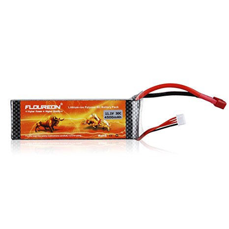 Floureon 11.1V 4500mAh High Power 3S 30C Lipo RC Battery with Dean-Style T Connector for RC Helicopter Hobby Drone and FPV (5.31 x 1.77 x 1.1 Inch)