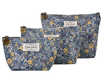 HOYOFO 3Pcs/set Floral Makeup Bags for Women Zipper Cosmetic Pouch Travel Toiletry Storage, Blue